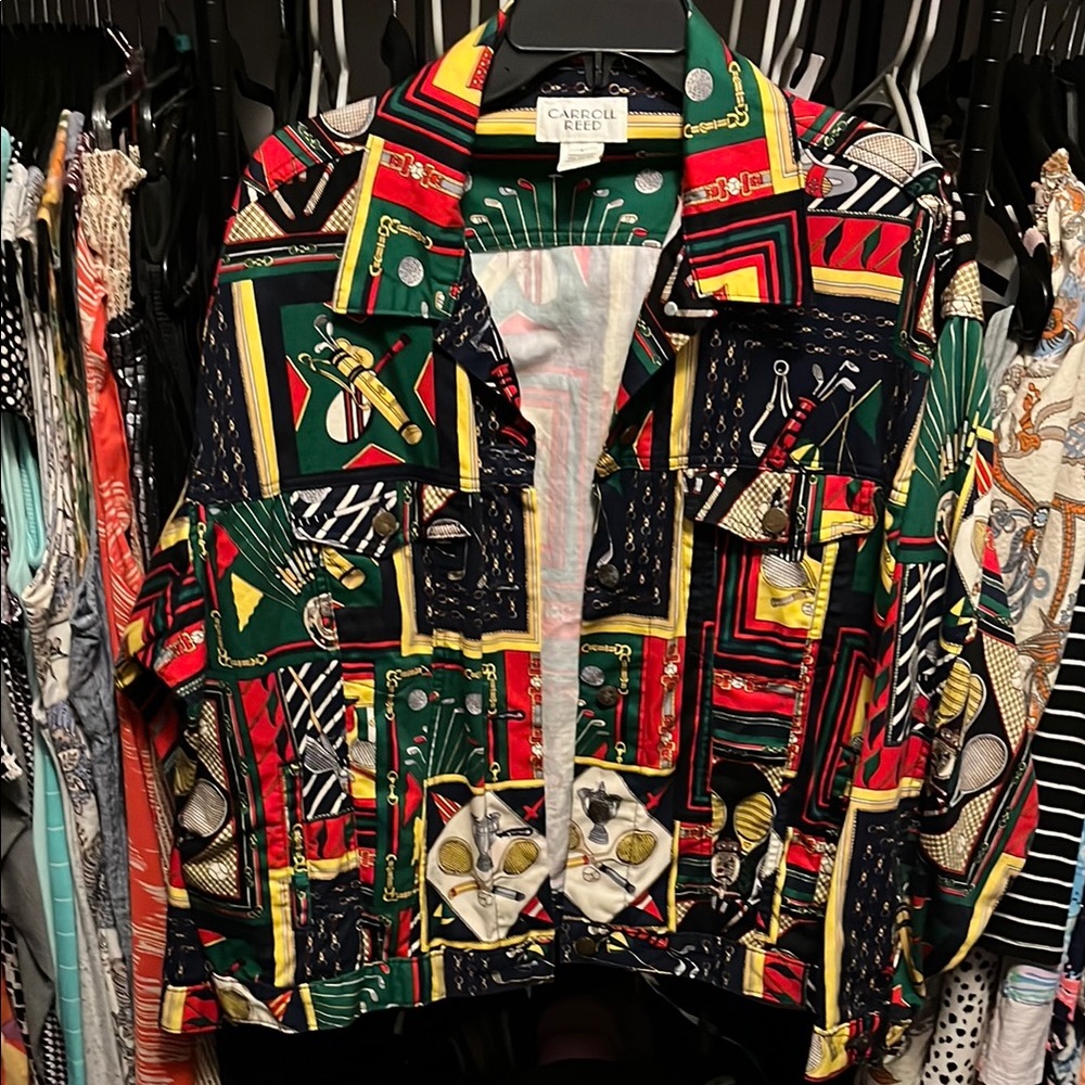 Red and Green Jean Jacket with Geometric Pattern